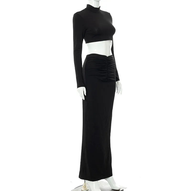 Elegant Long Sleeve Ruched Top and Skirts Two Piece Sets