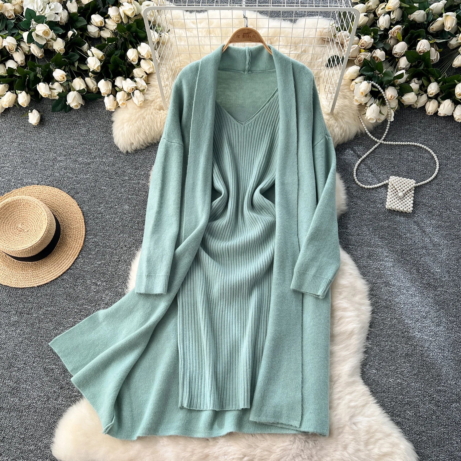 Knitted Two-Piece Sets  Knitting Cardigan+Spaghetti Strap Bodycon Dress
