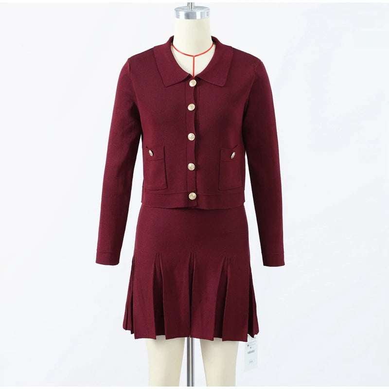 Knitted Two Pieces Single Breasted Lapel Cardigan Pleated A-line Mini Skirt Set