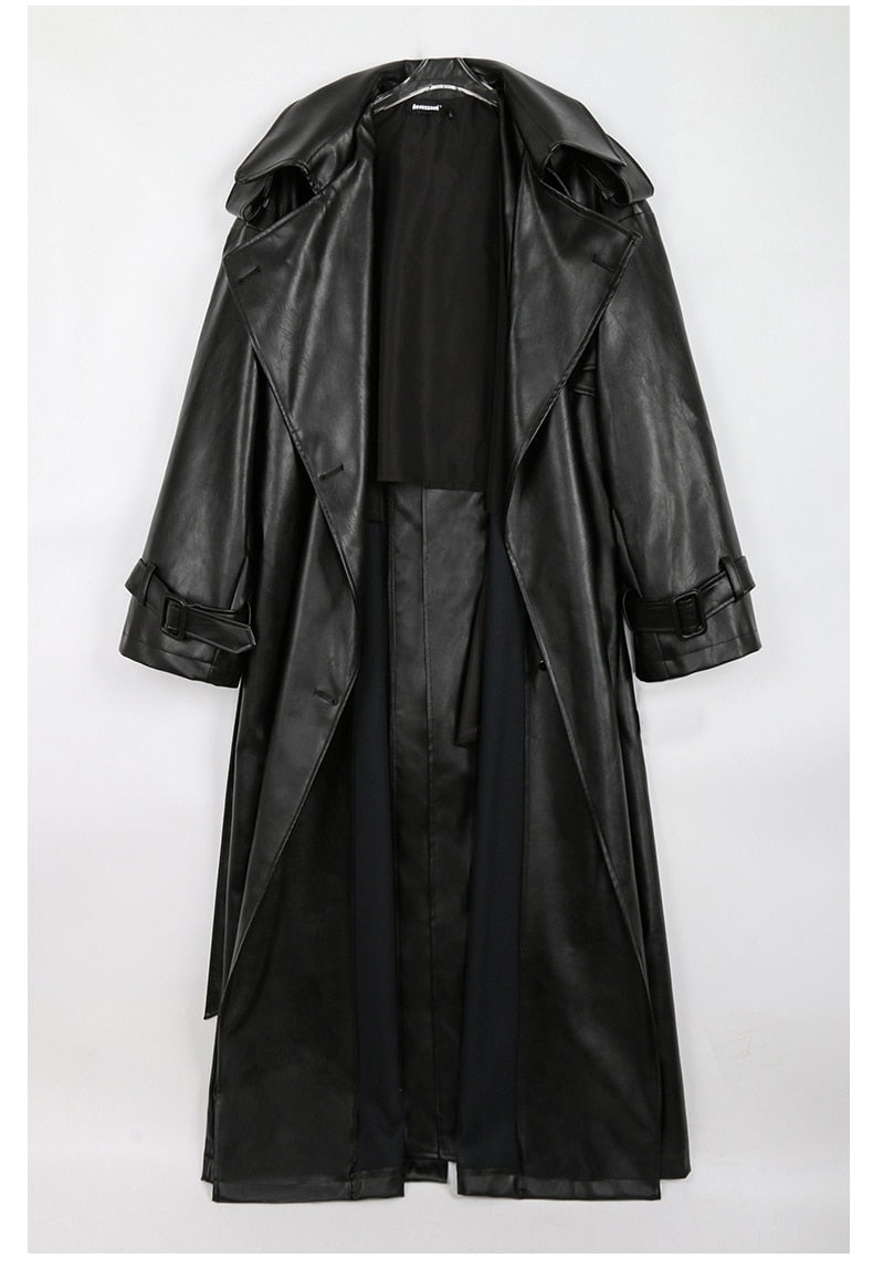 Black Pu Leather Trench Coat