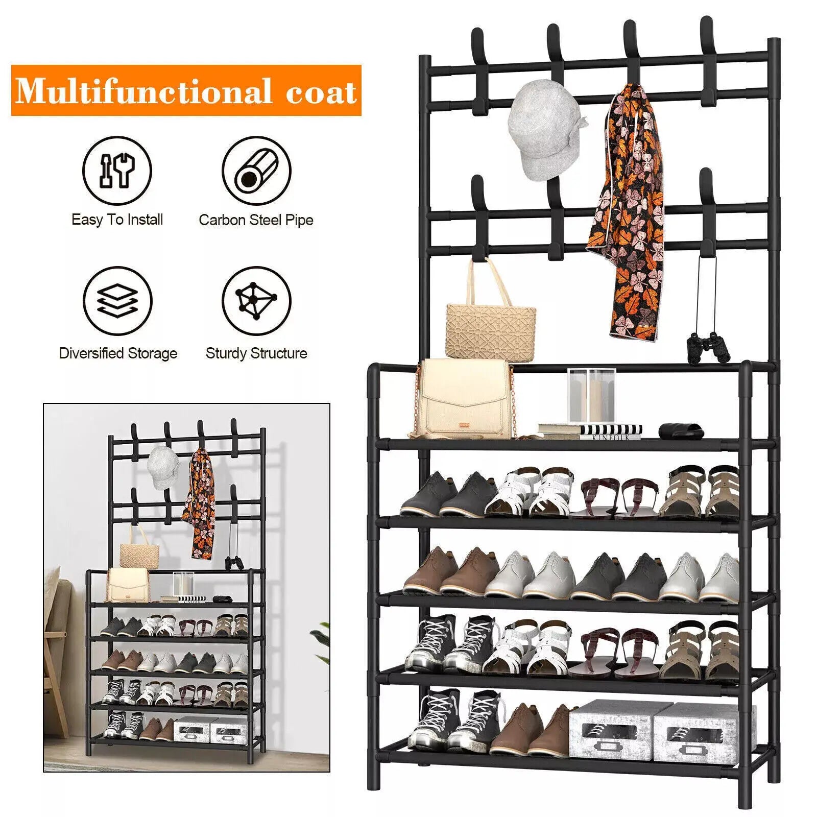 1pcs 5-Tier Shoe Storage Clothes Rack, 8 Hooks & Easy Assembly - Space-Saving Organizer for Hallway, Bedroom, Office