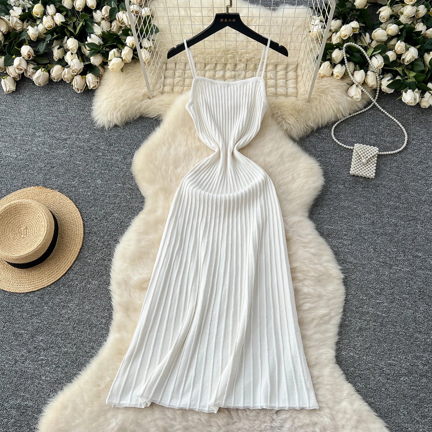 Knit Spaghetti Strap Dress Sleeveless Elastic Waist Slim Long Dress