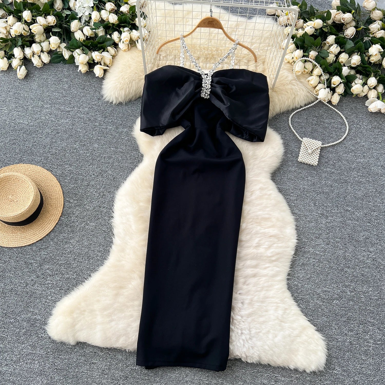 Elegant Rhinestone Chain Halter Off Shoulder Vintage Dress