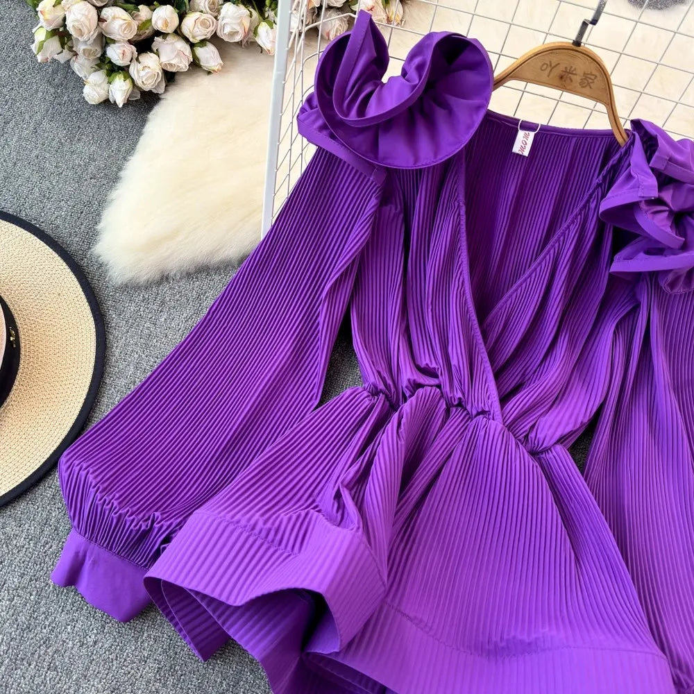 Long Sleeve Pleated V-Neck Flower Ruffles Blouse