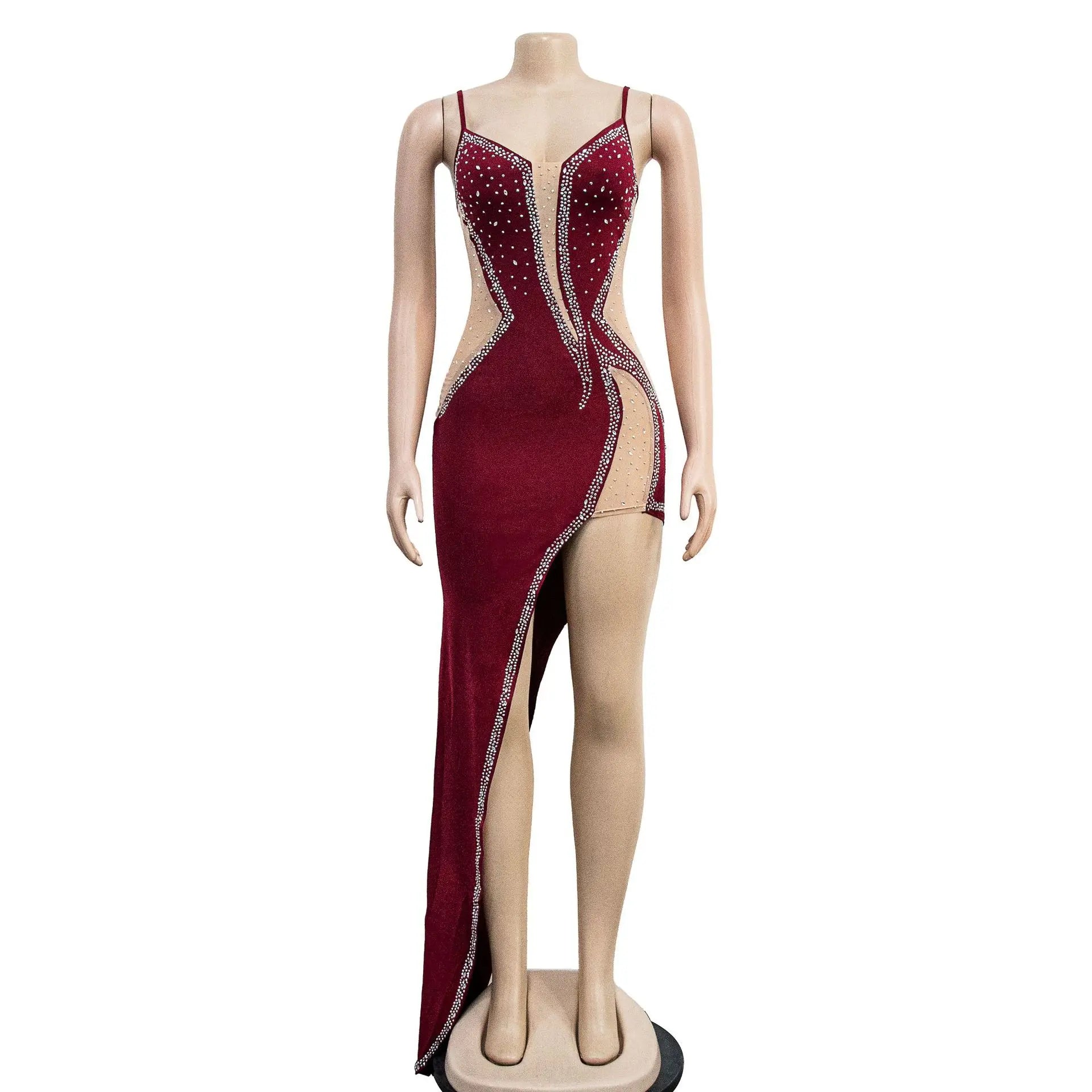 Sheer Mesh Diamonds Maxi Party Dress