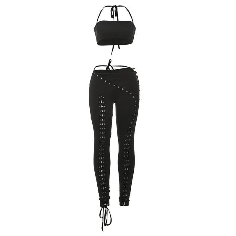 Lace Up 2 Piece Set Halter Camisole Crop Tops + Shirring Hollow Skinny Pants Two Piece Set