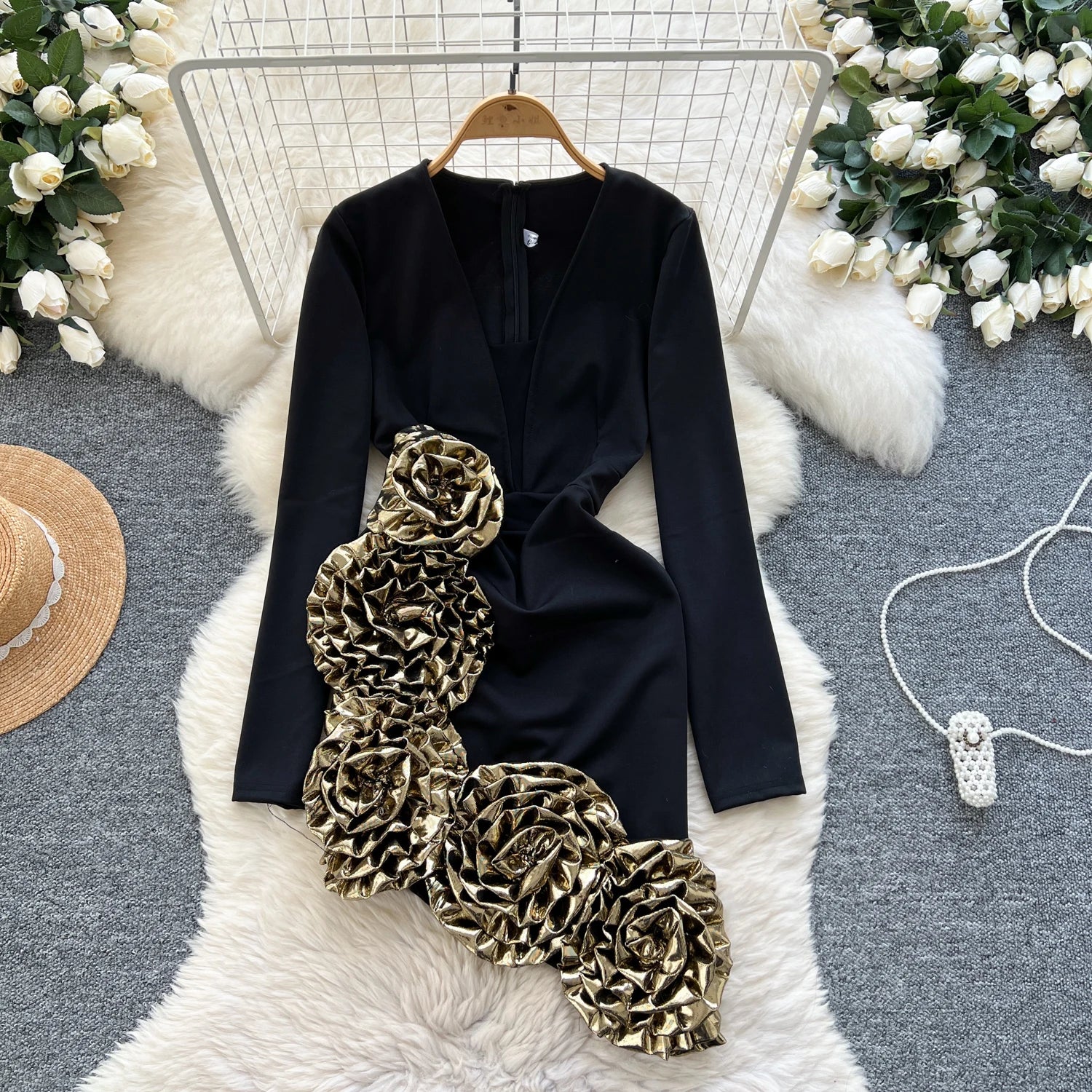 Elegant Three-dimensional floral asymmetrical long sleeve Dress