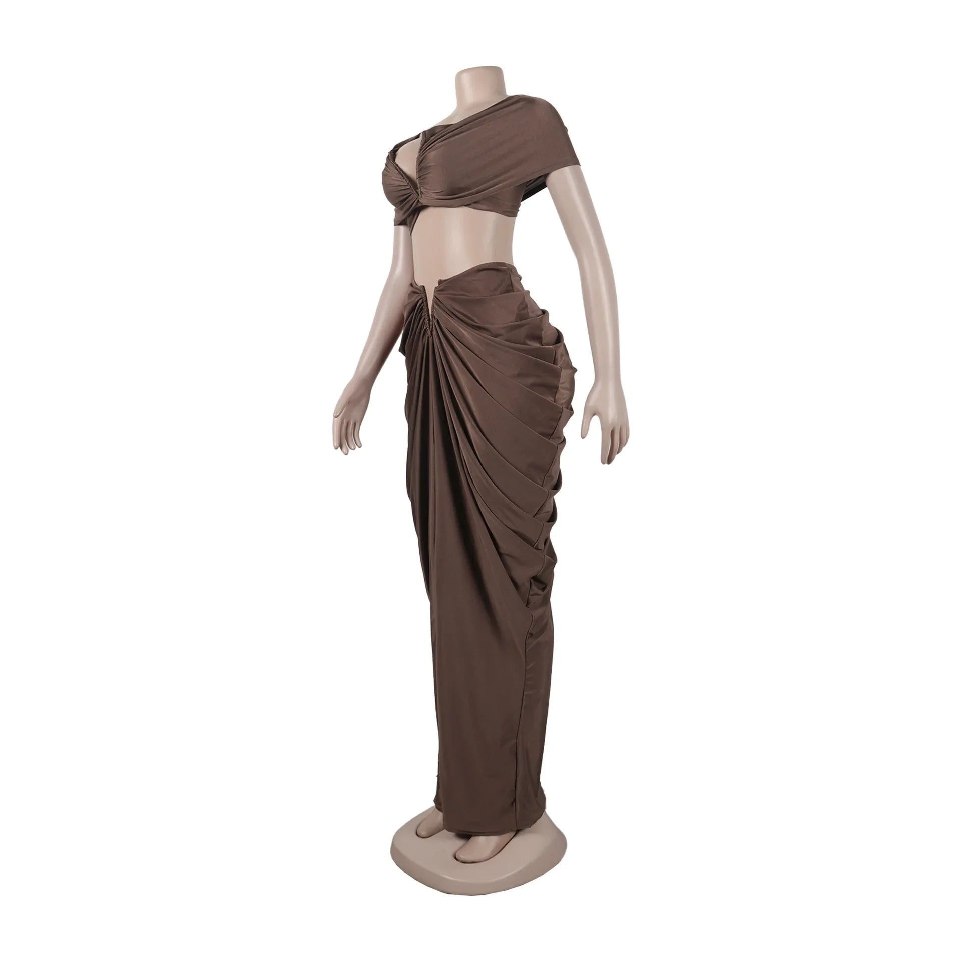 Stacked Ruched Off Shoulder Crop Top and Low Waist Maxi Long Skirts Two Piece Sets