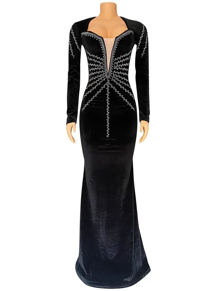 Elegant Diamonds Velvet Long Party Dress