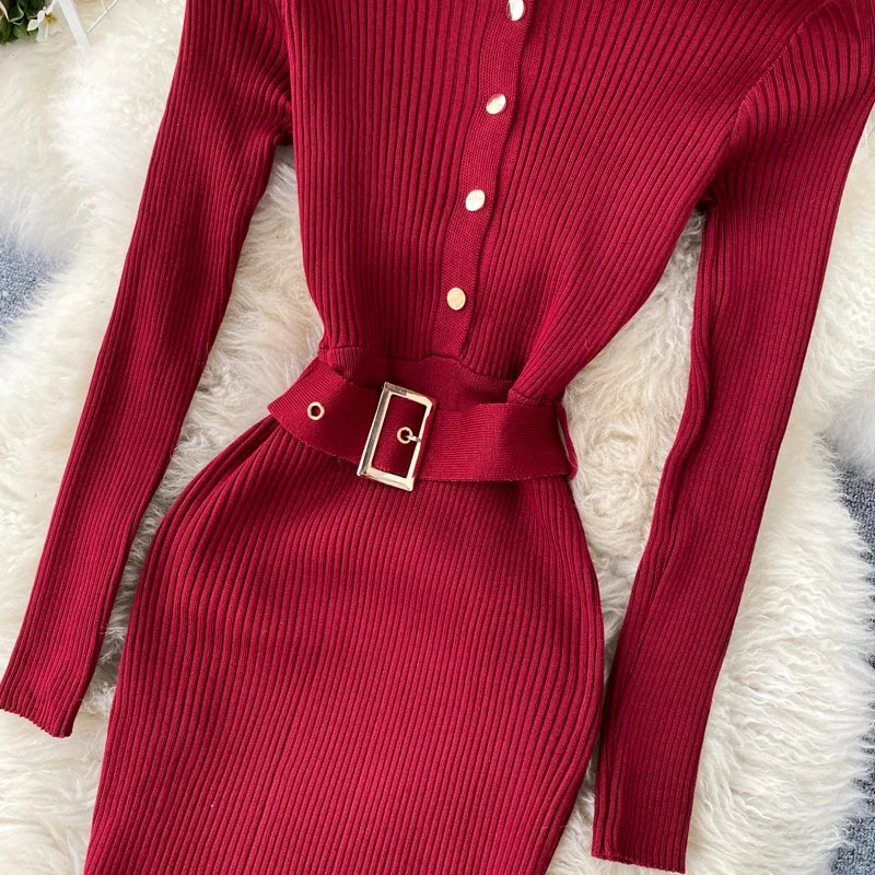 Elegant Casual Knit Belt O Neck Button Long Sleeve Solid Elastic Waist Slim Winter Sweater Dresses