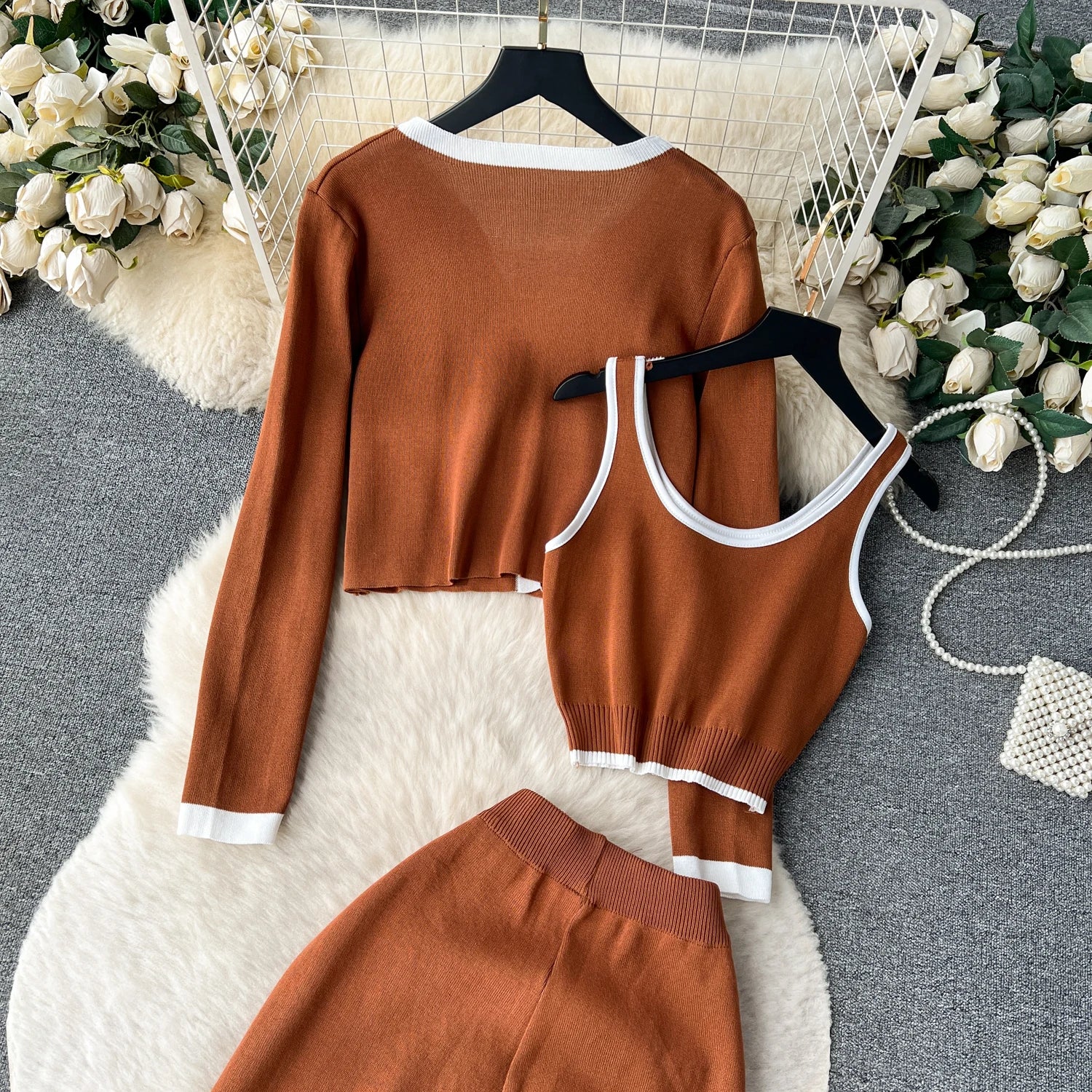 Three Pieces Sets Tank Top+Long Sleeves Short Cardigan+Elastic Long Pants Set