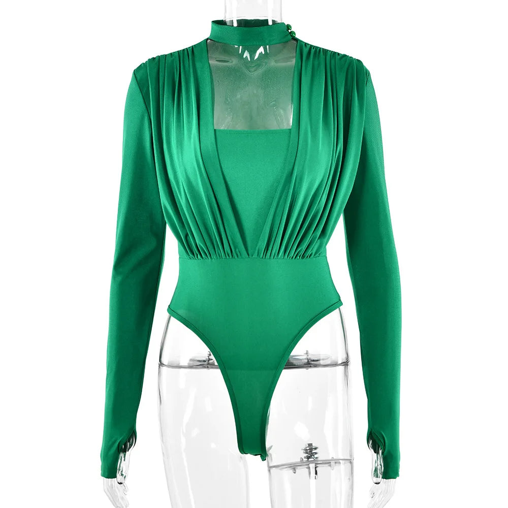 Irregular Pleated Crew Neck Full Sleeve High-waist Cutout Bodysuit