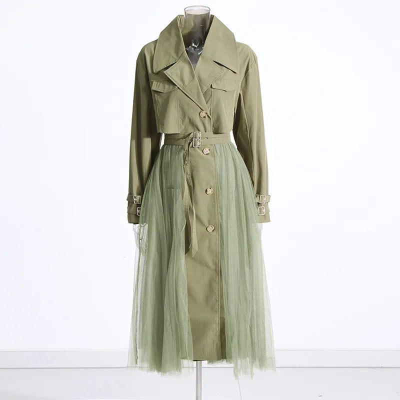 Loose Mesh Stitching Casual High Waist Long Trench Coat