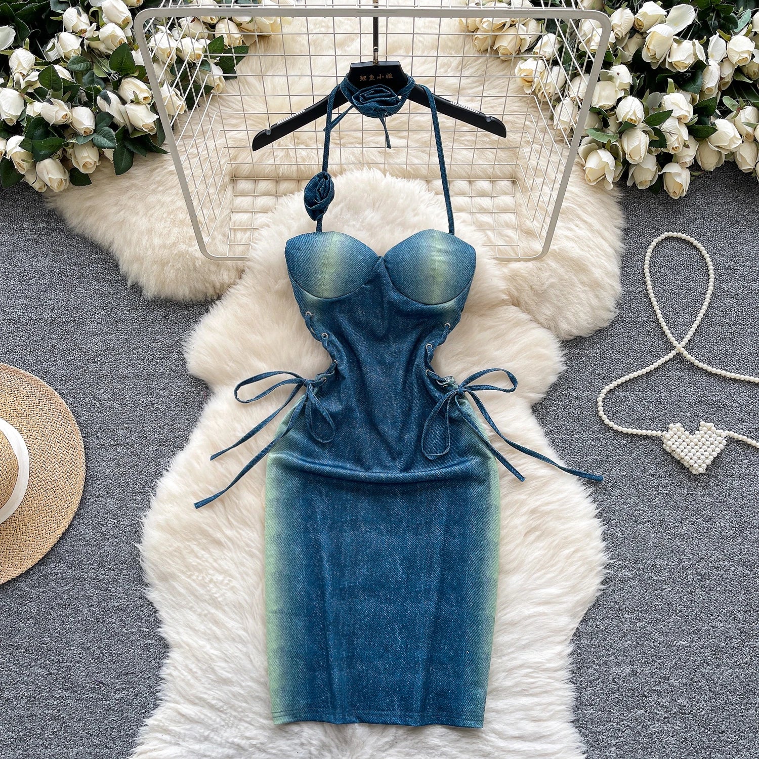 Retro Bodycon Halter 3D Flower Lace Up Sundress