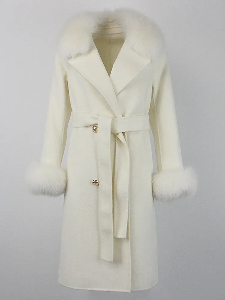 Real Fur Natural Wool Blends Cashmere Double Breasted Belt Warm Coat