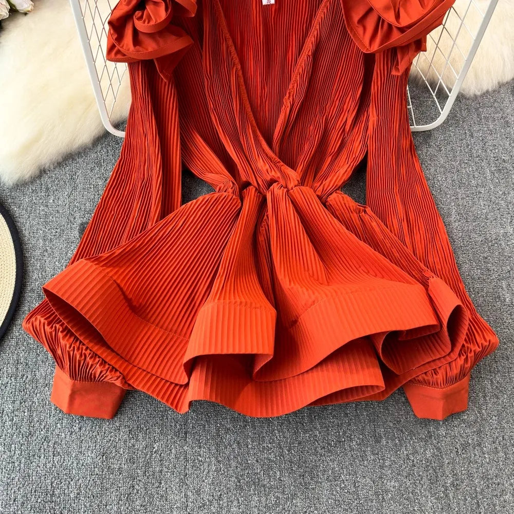 Long Sleeve Pleated V-Neck Flower Ruffles Blouse