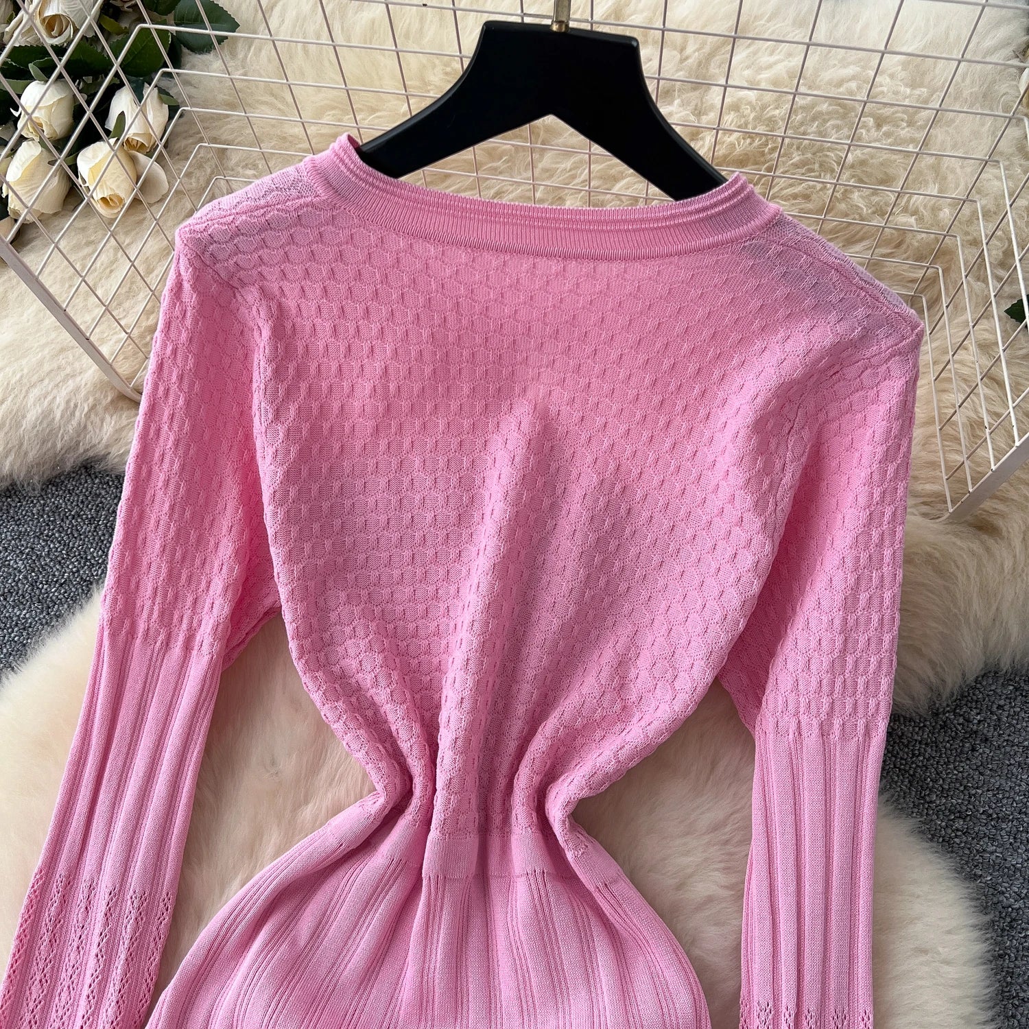 High-Waisted Knitted Long Autumn Hollow out Dress