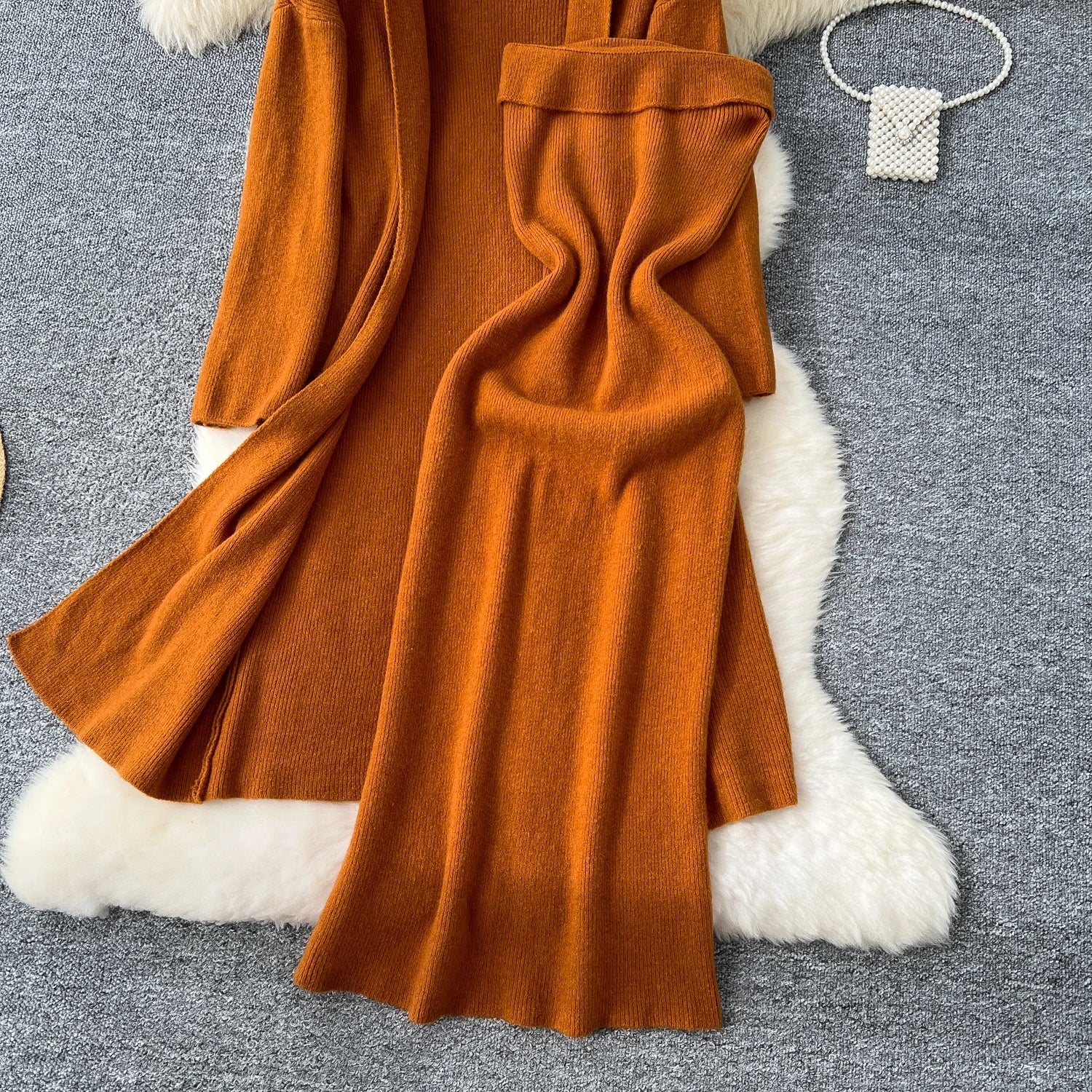 Long Sleeves Oversize Cardigan+Strapless Bodycon Dress Solid Knit 2pcs Sets