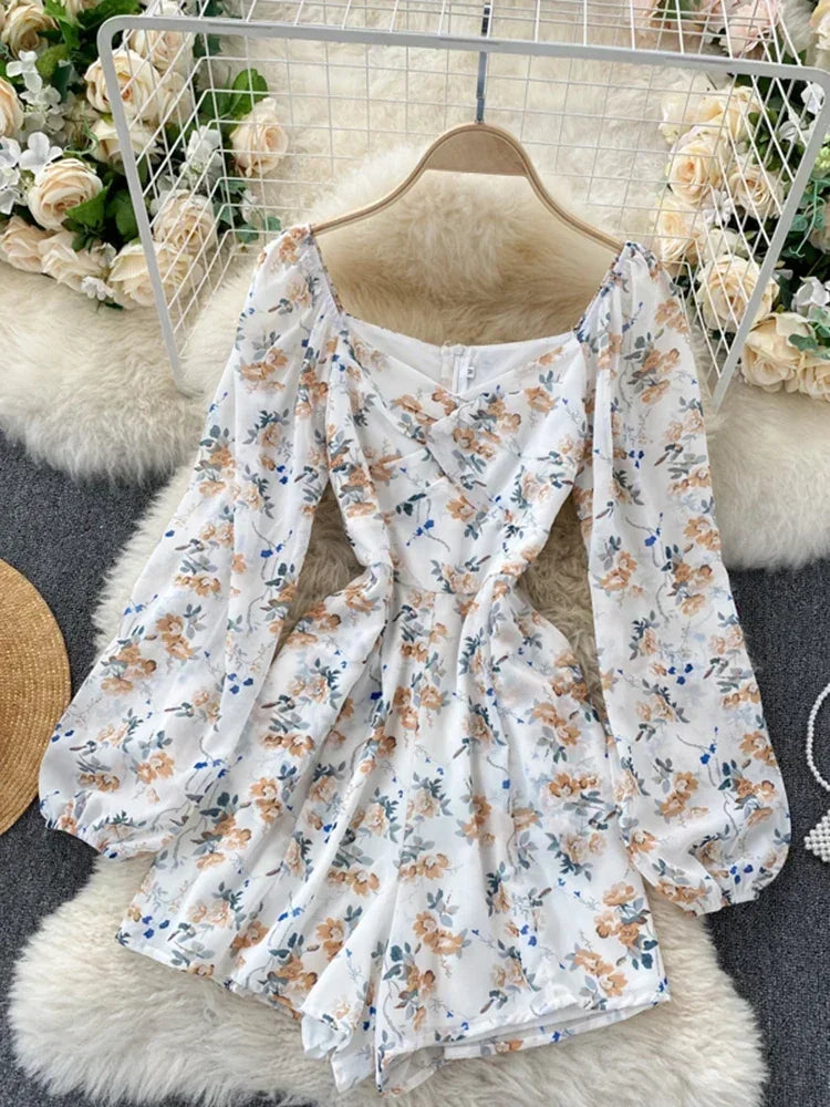 V-neck Puff Sleeves Folds Slim Floral Wide-leg Playsuit Jumpsuit