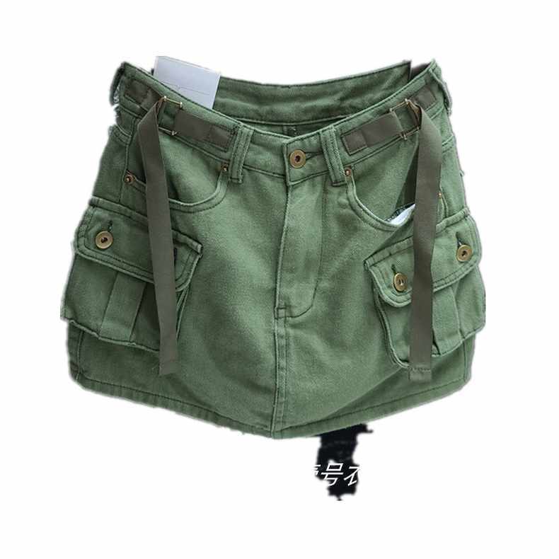 Army Green Washed Denim Short Skirt