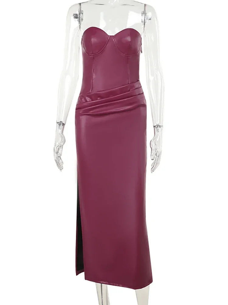 Off Shoulder Strapless PU Leather Maxi Dress