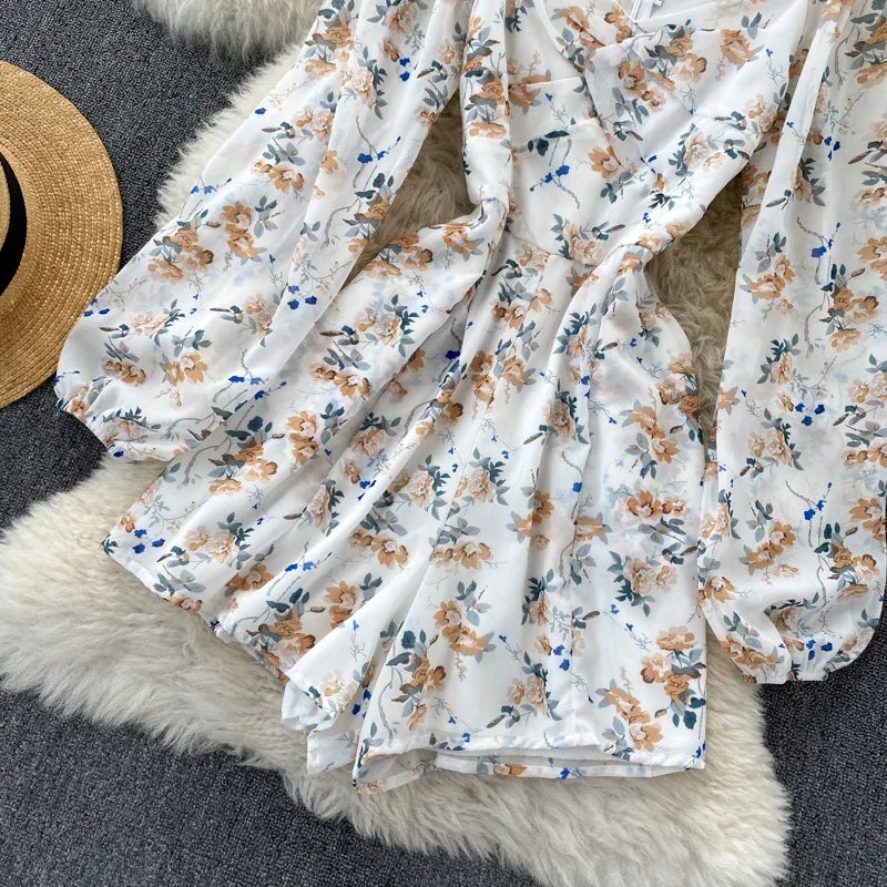 V-neck Puff Sleeves Folds Slim Floral Wide-leg Playsuit Jumpsuit