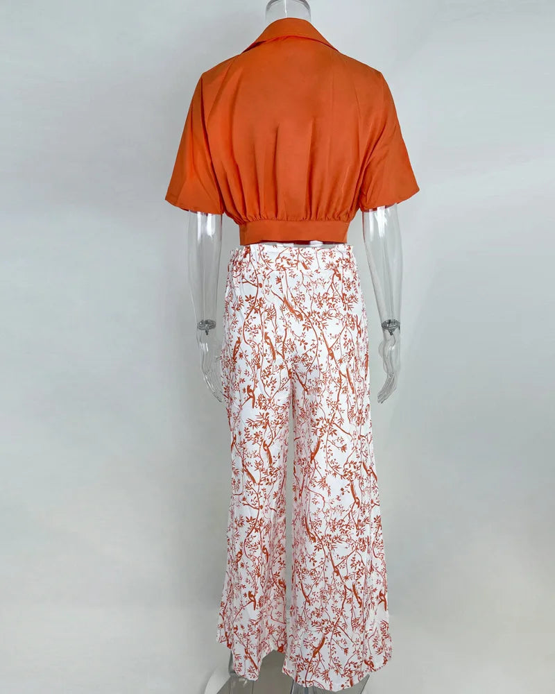 V-neck Short Sleeve Shirt And Blouses Crop Top Straight Print Wide Leg Long Pant Suits