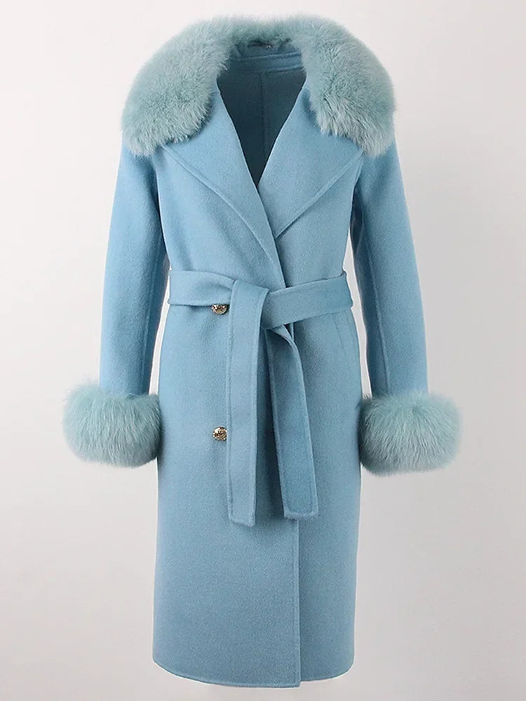 Real Fur Natural Wool Blends Cashmere Double Breasted Belt Warm Coat