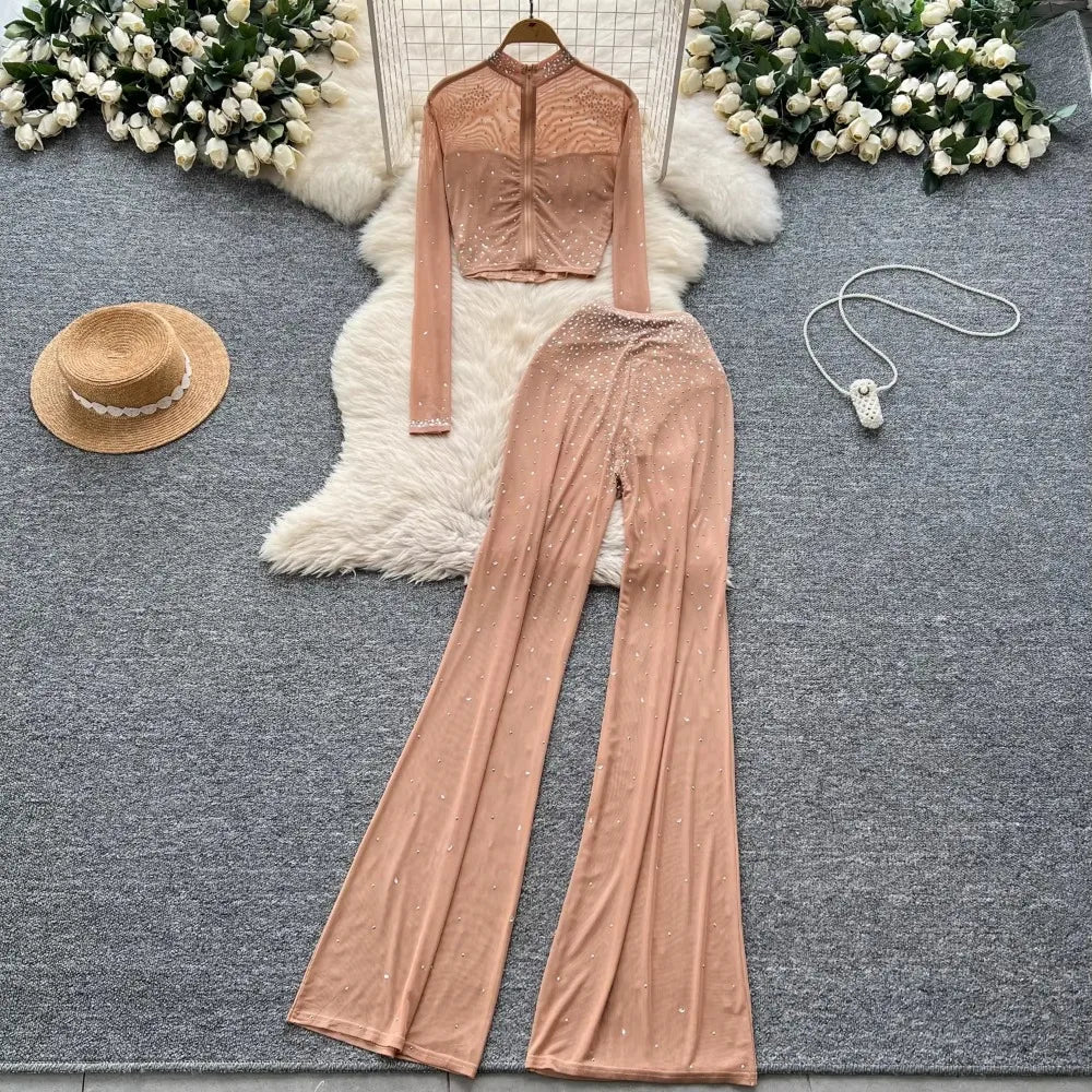 See Through Mesh Rhinestone Chic Two-piece Sets