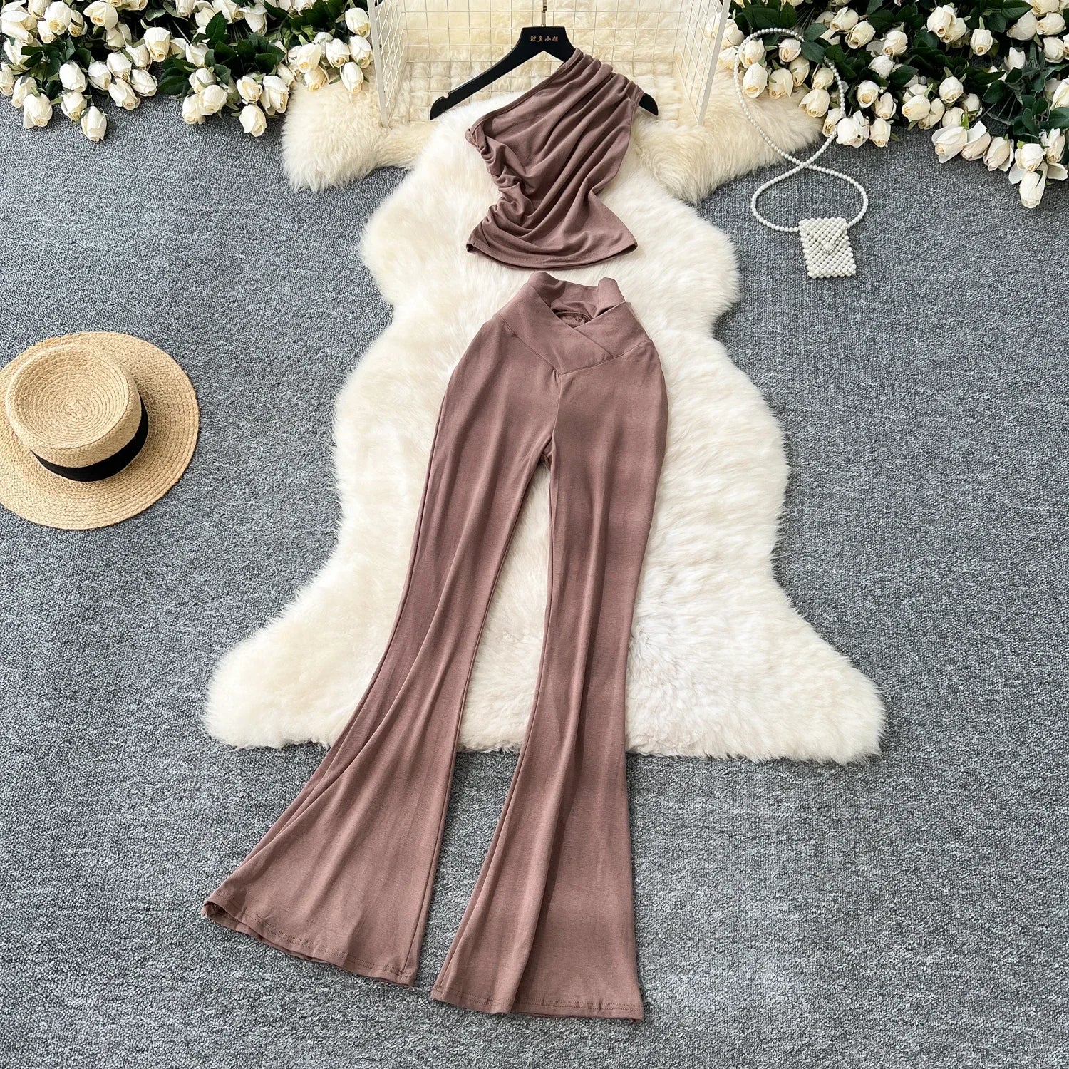 Chic Vintage Diagonal Collar Sleeveless Pleated Top and High Waist Flare Pants Two Piece Set