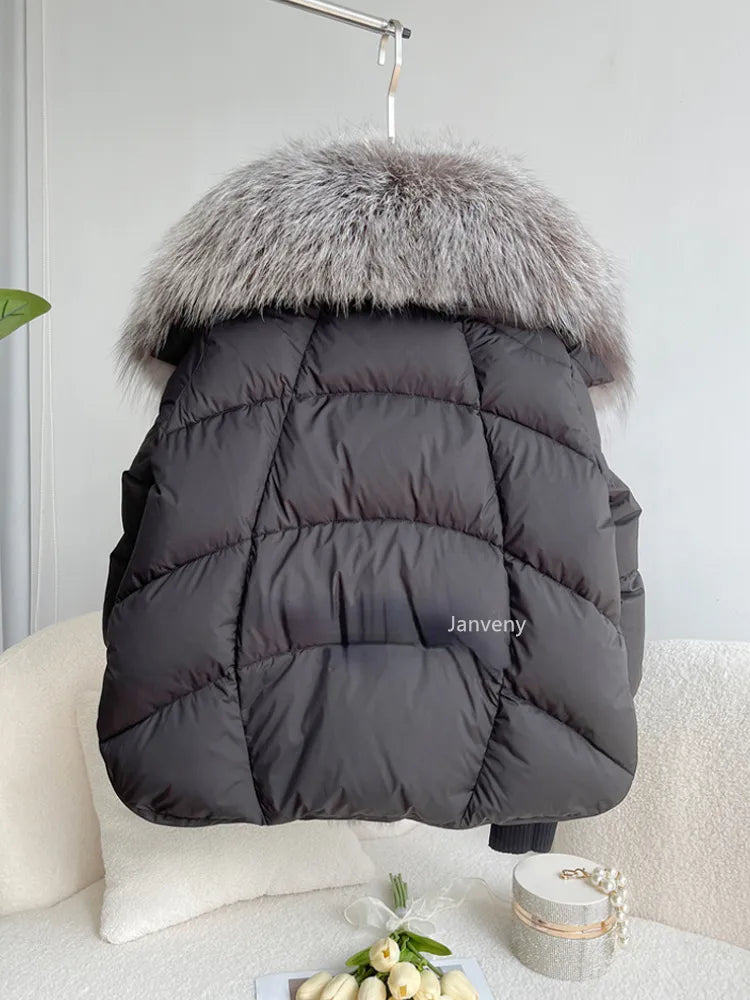 Real Silver Fox Fur Collar  Duck Down Puffer Coat