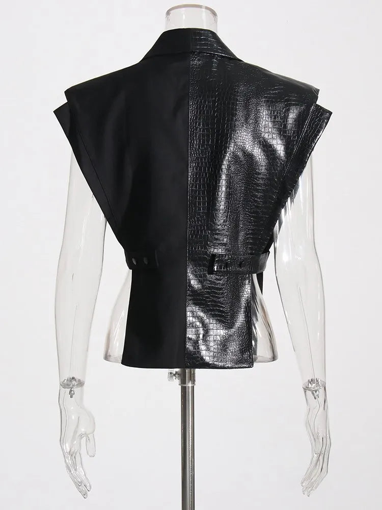 Spliced Leather Notched Collar Sleeveless Patchwork Vest