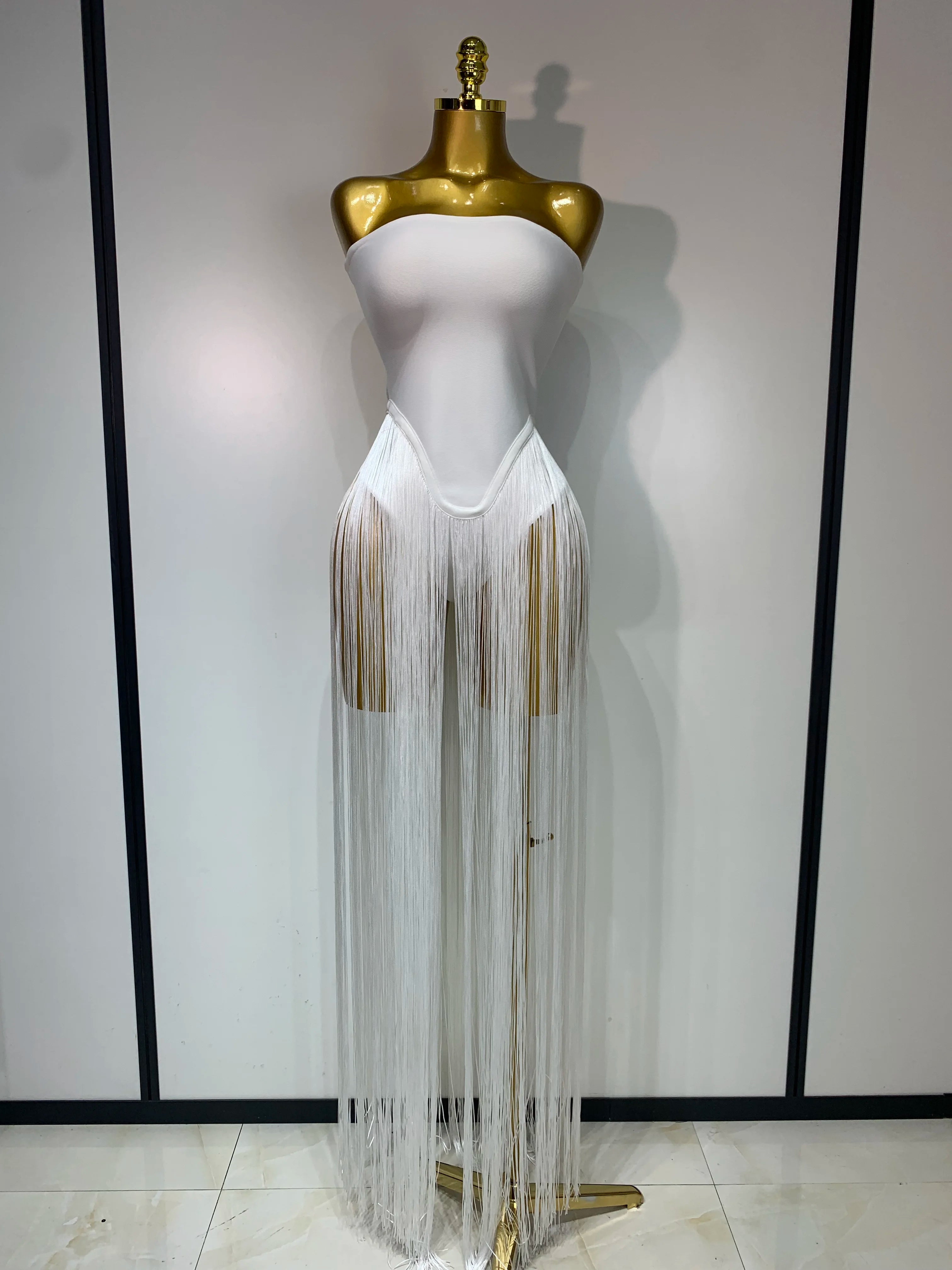 Luxury Long Tassel Patchwork Strapless Bandage Bodysuit Dress