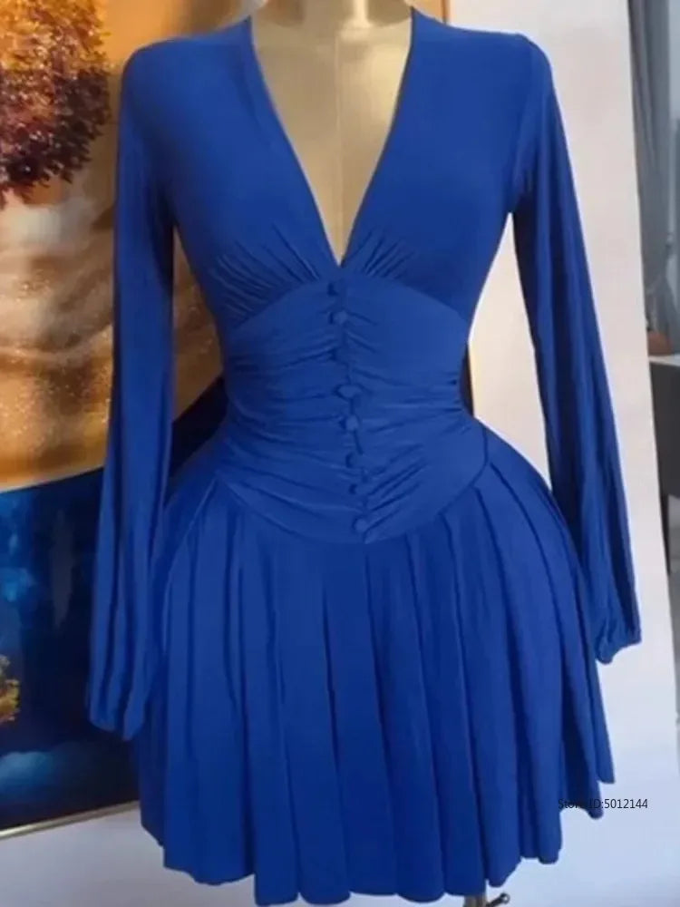 Ruched Lantern Sleeve  A Line Dress