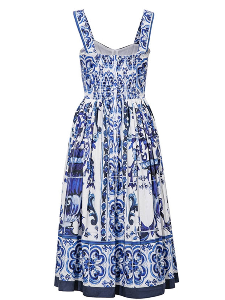 Blue And White Porcelain Flower Print Spaghetti Strap Dress