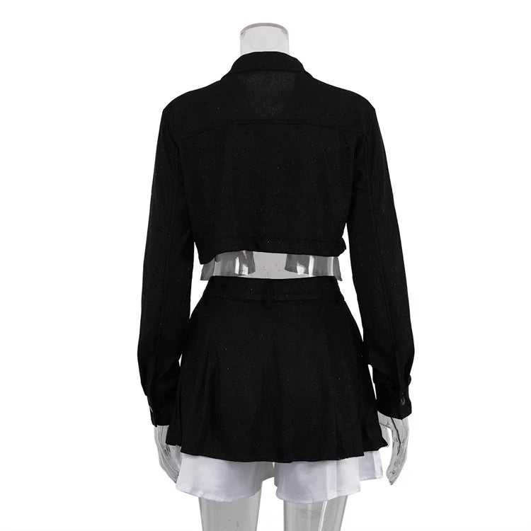 Turn-down Collar Bright Silk Long Sleeve Top Mini Skirt Two Piece Sets
