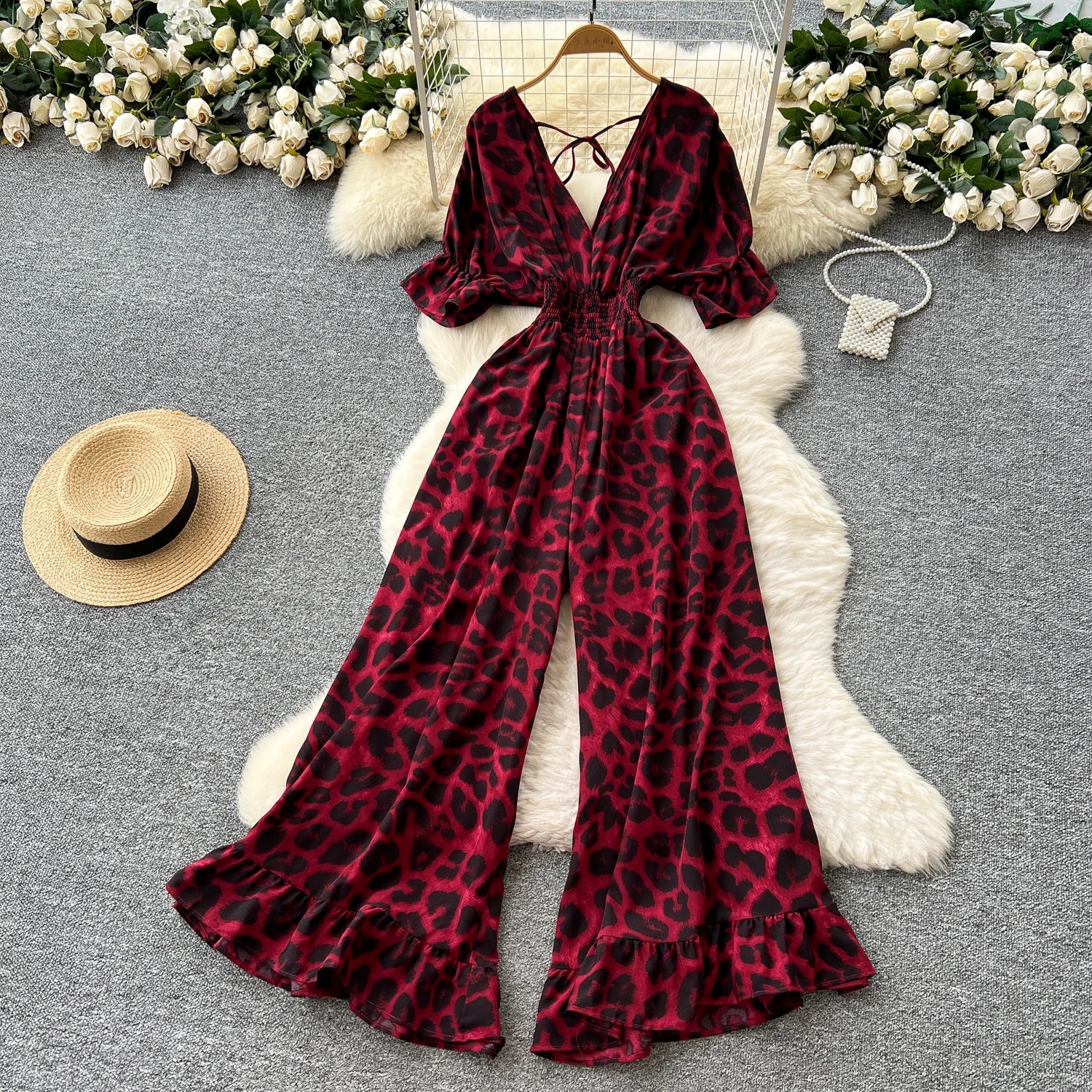 Flared Sleeves Elastic Waist Slim Fit Leopard Print Long Rompers Jumpsuit