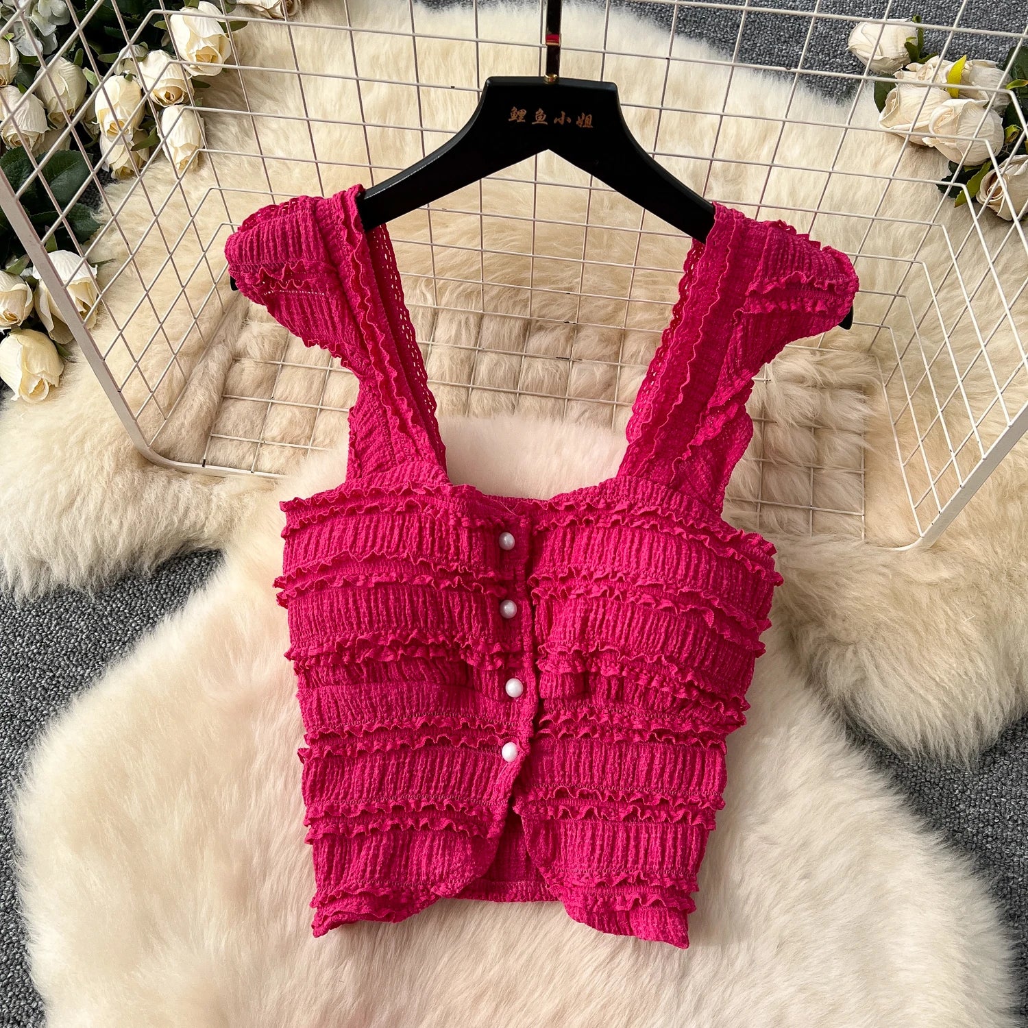 Casual Single Breasted Mini Camisole+Elastic Waist A Line Fold Slim Skirt Two Piece Sets