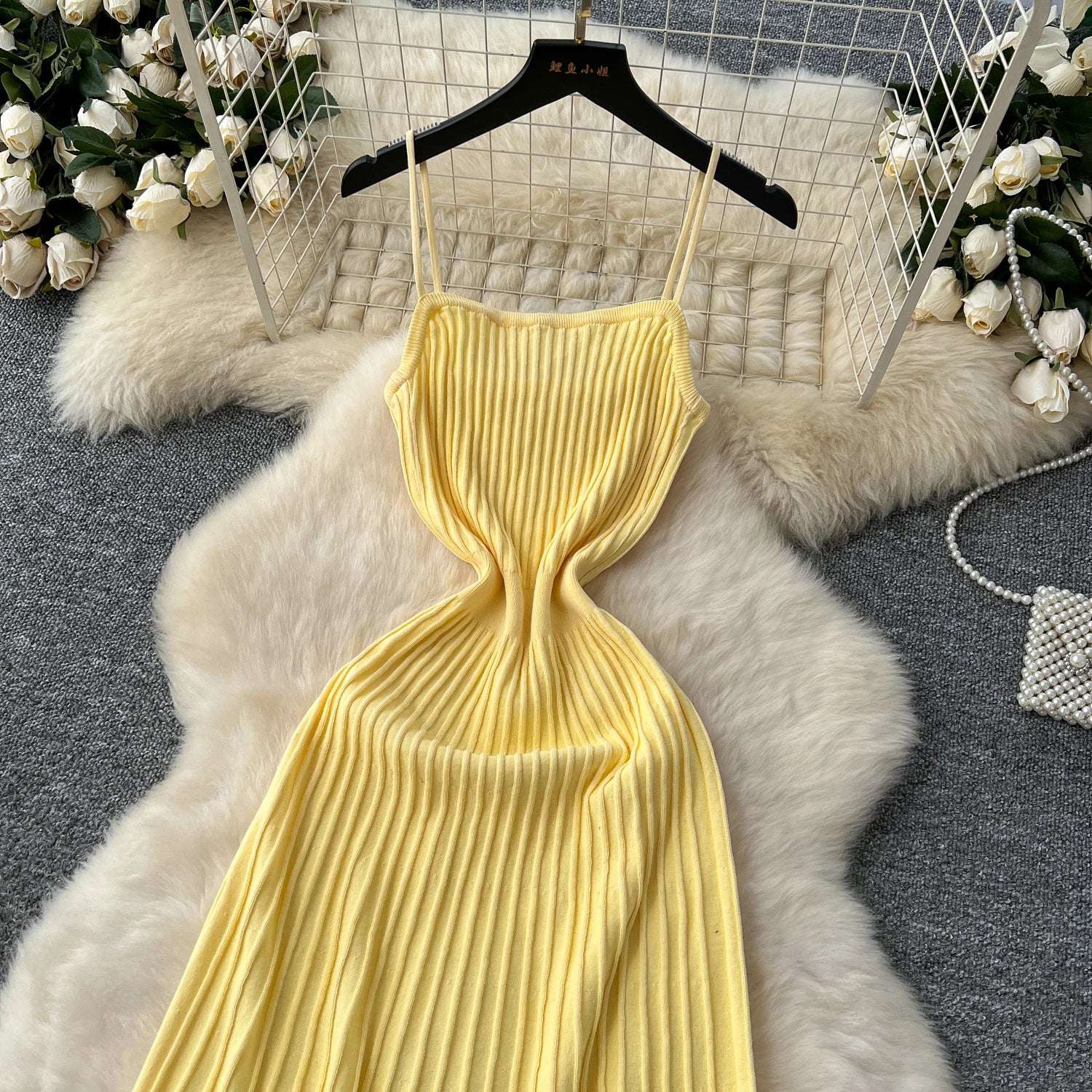 Knit Spaghetti Strap Dress Sleeveless Elastic Waist Slim Long Dress