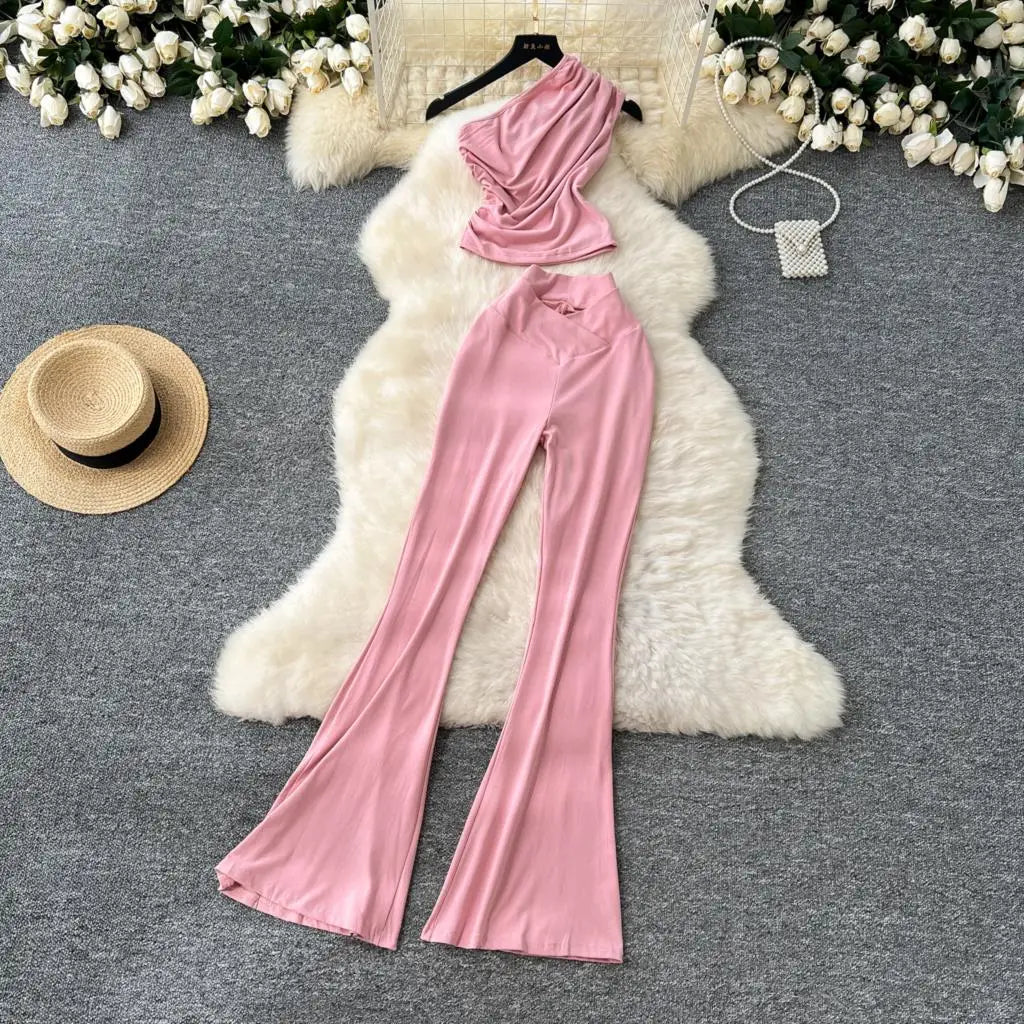 Two Pieces Sets Elegant Chic Skew Collar Pleated Tops + High Waist Flare Casual Pants  Outfits