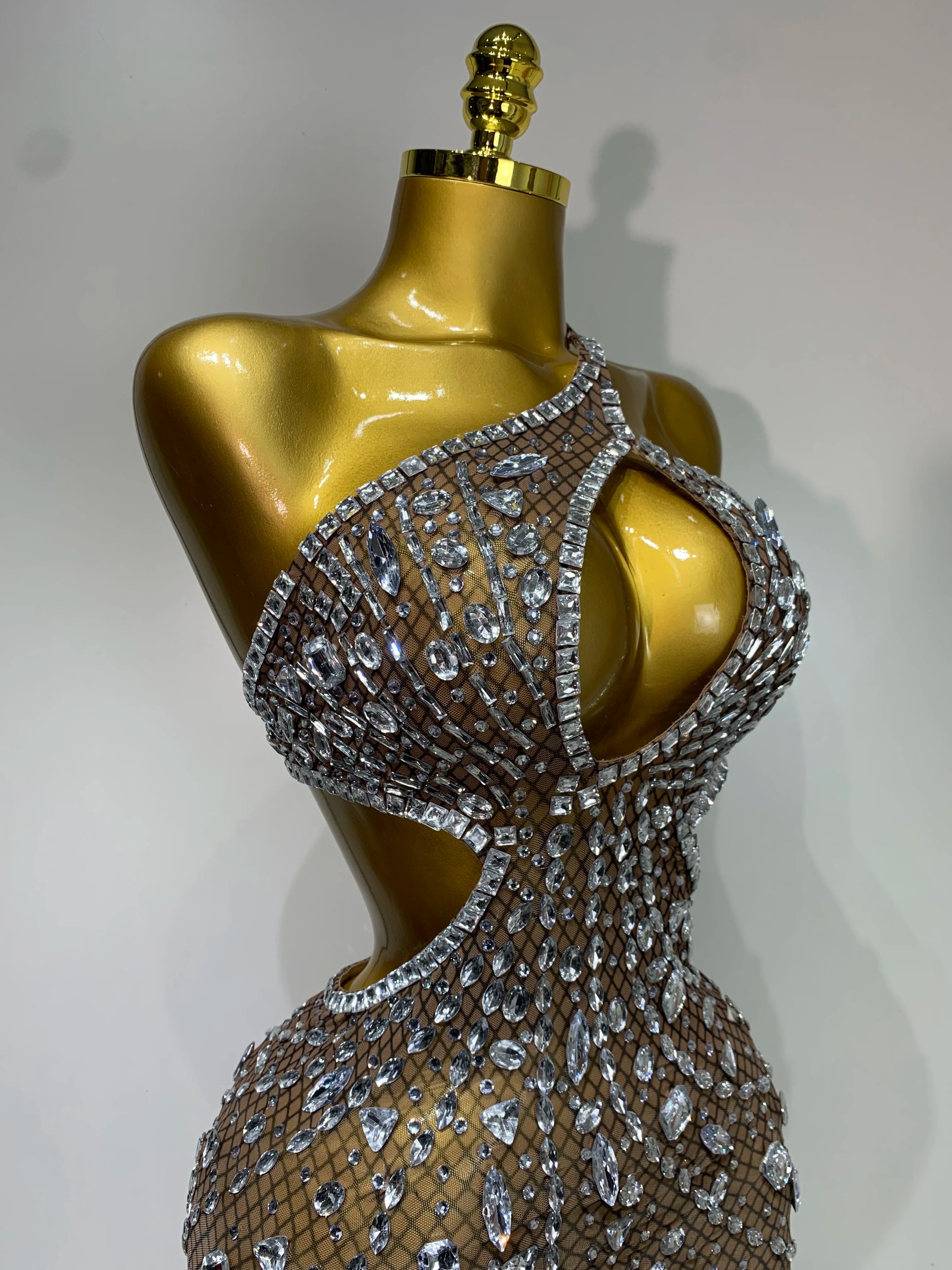 Sleeveless See Through Mesh Backless Evening Sparkling Dress