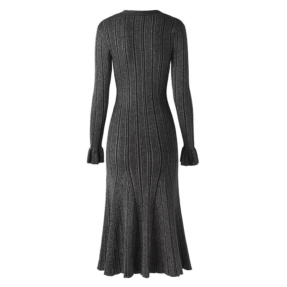 Autumn Winter Knitted V-Neck Long Sleeve Single Breasted Long Knitted Dress