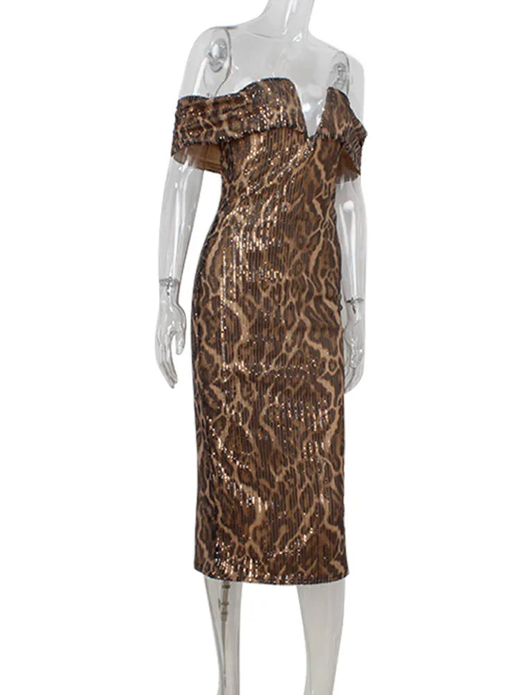 Leopard Sequins Slash Neck Sheath Bodycon Long Maxi