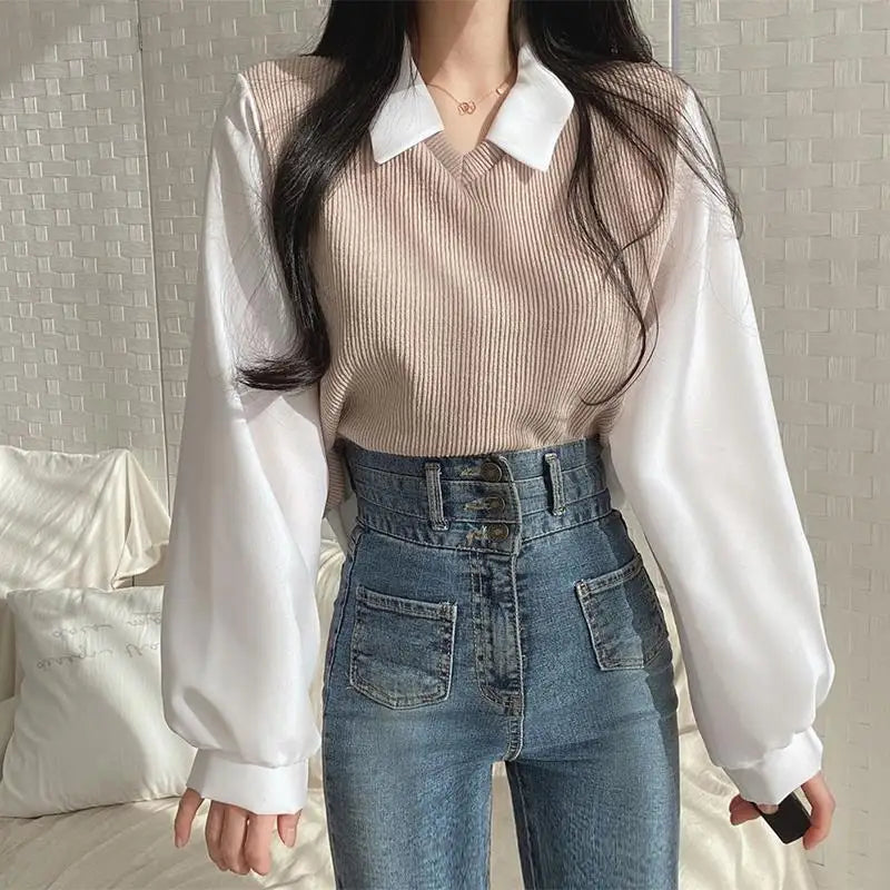 Two-piece Polo Collar Blouse Casual Korean Shirt Y2k Streetwear