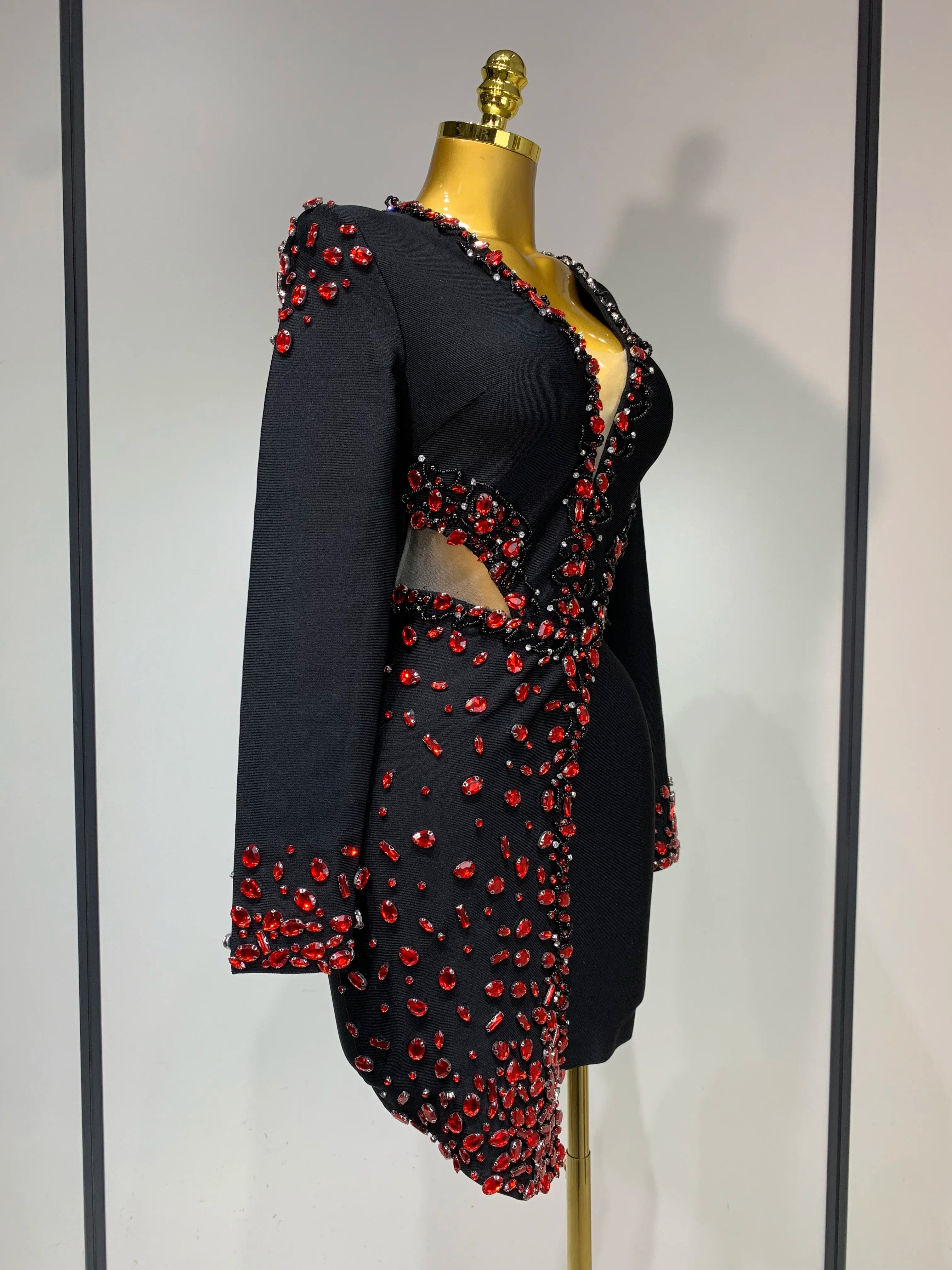 Luxury Long Sleeve V Neck Rhinestone Bandage Dress