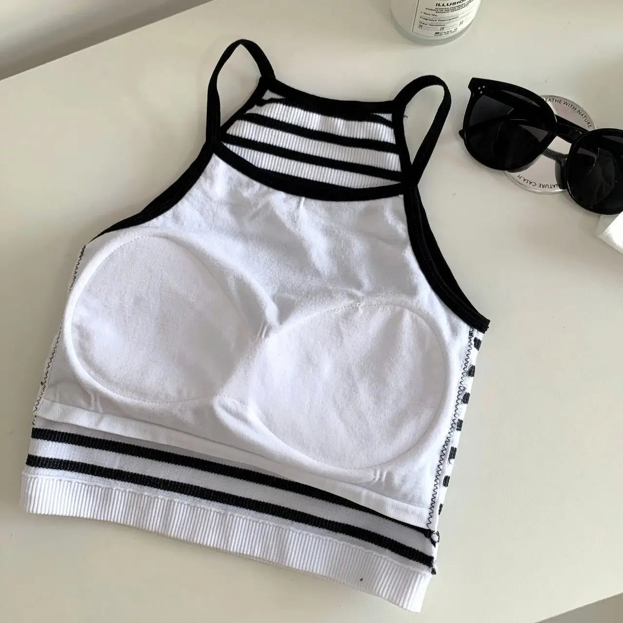 Tank Tops Thread Solid Casual Crop Top with Chest Pad Stripe Sleeveless Outer Wear Basic Camisole