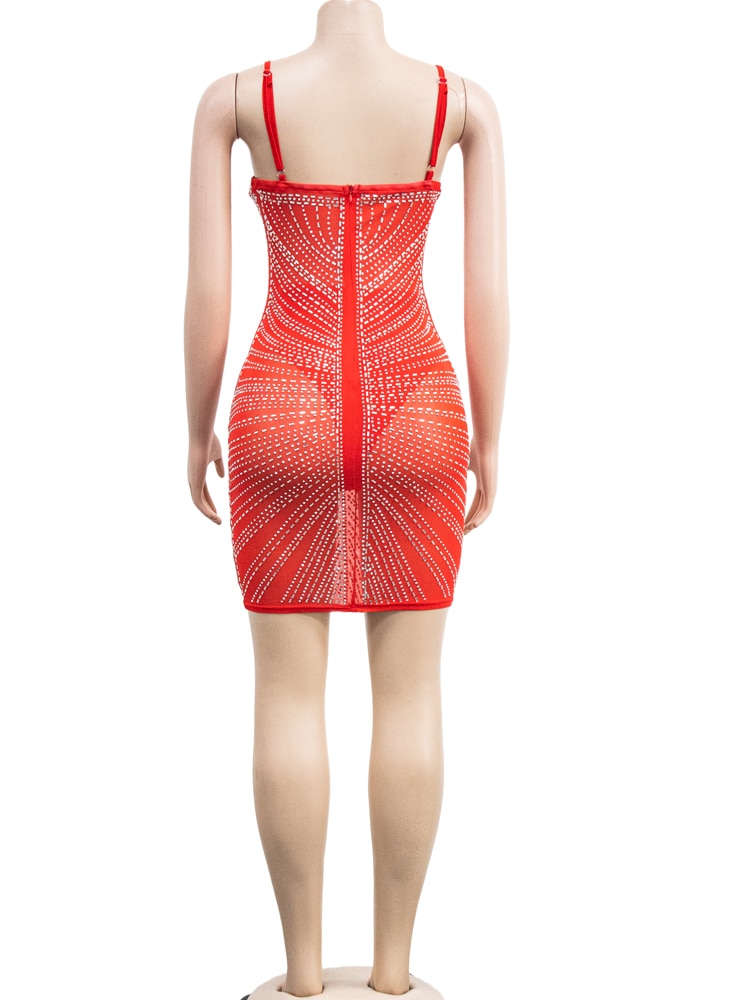 Sparkle See-Through Mesh Crystal Studded Mini Dress