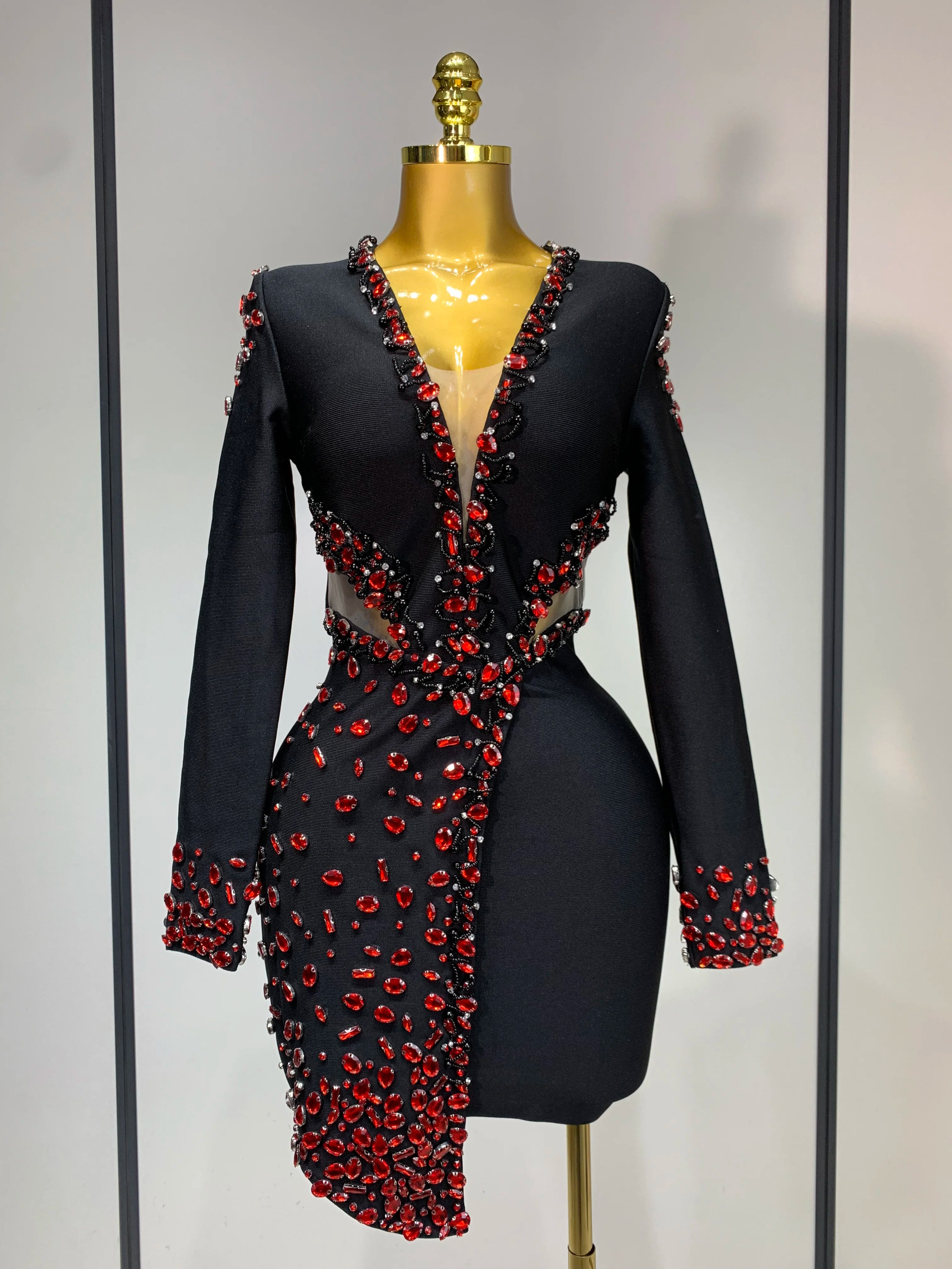 Luxury Long Sleeve V Neck Rhinestone Bandage Dress
