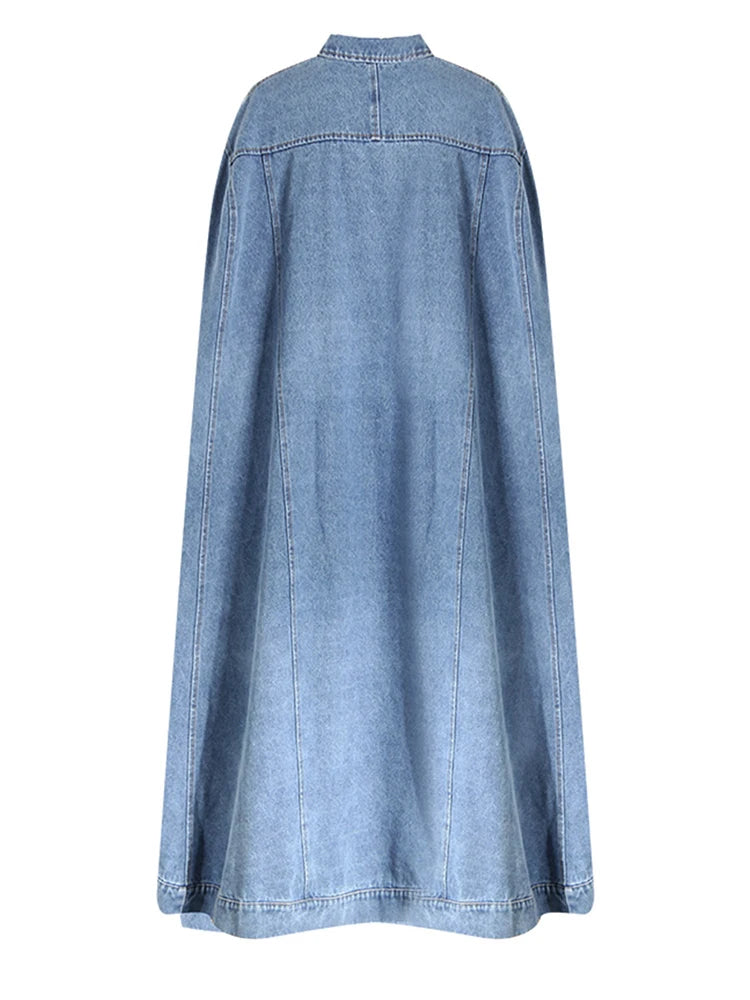 Blue Denim Irregular Big Size Cloak Trench Lapel Long Sleeve Windbreaker
