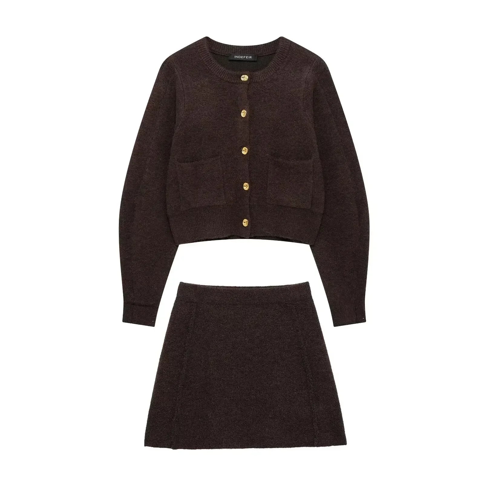 Knitted Two Pieces Autumn Winter Round Neck Long Sleeve Cardigan Sweater Waist Mini Skirt